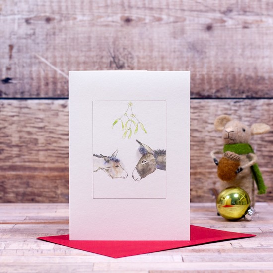 Donkeys under mistletoe Christmas card