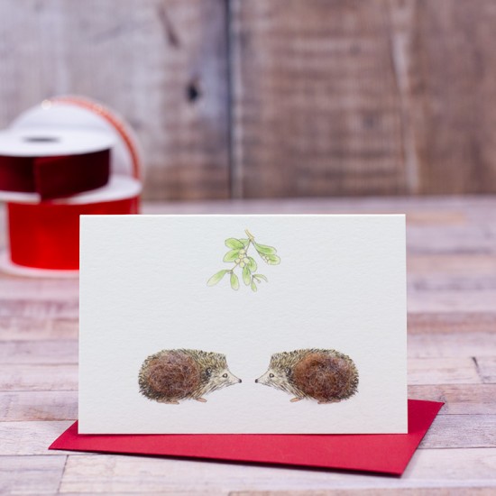 Mini Christmas Hedgehogs under Mistletoe card