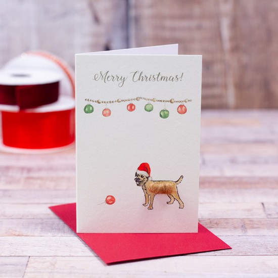 Mini Border Terrier and Baubles card