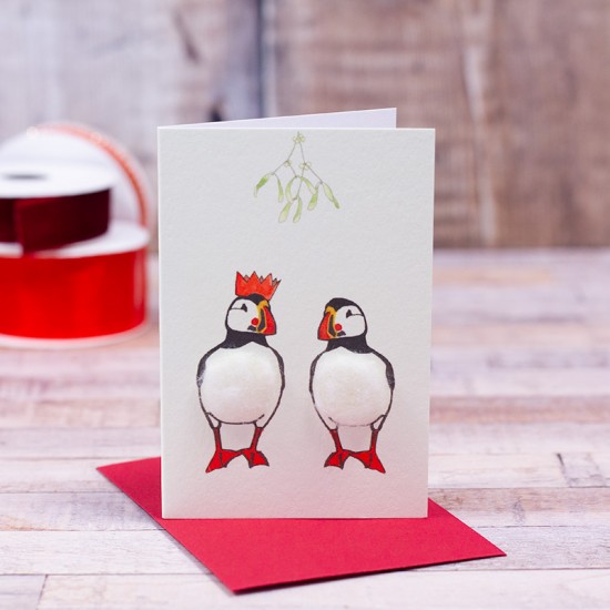 Mini Puffins under Mistletoe card