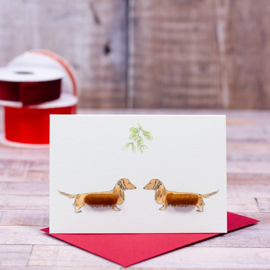 Mini Red Dachshunds under Mistletoe card